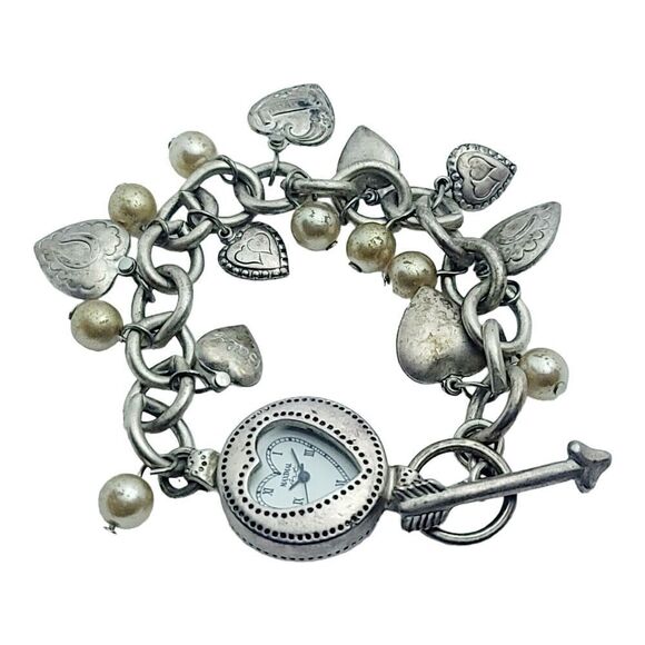 Vintage Designer John Wind Maximal Art Watch Charm Bracelet Hearts